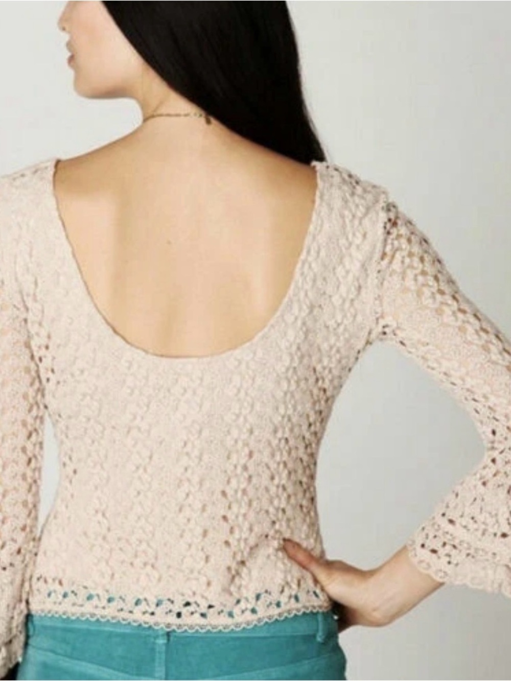 Free People Cream Crochet Bell-Sleeve Top Size Large - Picture 2 of 10